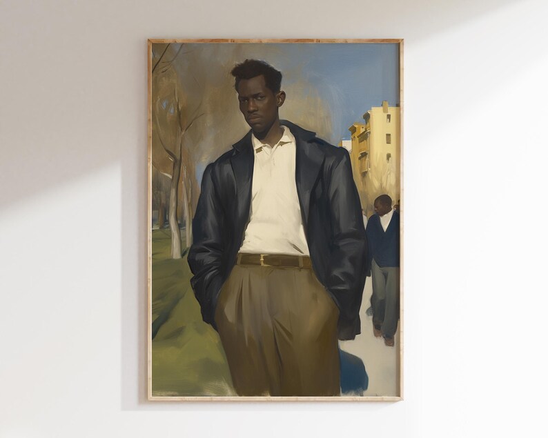 May include: A painting of a man wearing a black jacket and a white shirt. He is standing in front of a building with trees in the background.