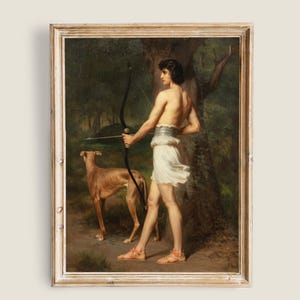 Puede incluir: Pintura vintage enmarcada que representa a una persona con arco y flecha, acompañada de un perro. La obra presenta un tema clásico con un fondo de bosque y una paleta de colores cálidos, evocando la historia y el arte.