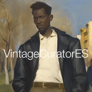 May include: A man wearing a white collared shirt under a dark blue leather jacket, standing in front of a blurred background of trees and buildings. The text "VintageCuratorES" is superimposed on the image.
