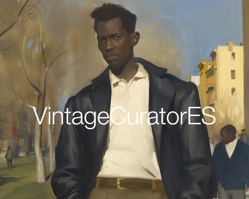 May include: A man wearing a white collared shirt under a dark blue leather jacket, standing in front of a blurred background of trees and buildings. The text "VintageCuratorES" is superimposed on the image.