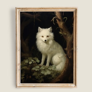 Weißer Polarfuchs Gemälde Vintage Kunst, DRUCKBARE Kunst, Vintage Tierkunst, viktorianisches Dekor, Dunkle Waldnatur