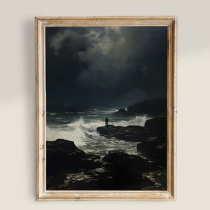 Seascape Vintage Art, Dark Nautical Painting, Moody Ocean Landscape print, PRINTABLE wall art, Woman Portrait Dark Painting
