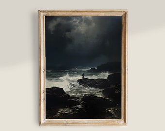 海の風景のヴィンテージアート、暗い航海の絵画、ムーディーな海の風景のプリント、印刷可能な壁アート、女性のポートレートの暗い絵画