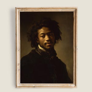 May include: A framed portrait of a Black person with dark curly hair and a mustache. The subject wears a dark coat with a white collar. The artwork has a vintage aesthetic with a neutral background.