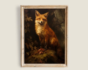 Fox Painting Vintage Art, PRINTABLE Art, Vintage Animal Art, Moody Dark Academia Decor, Dark Forest Wall Art, Red Fox Print