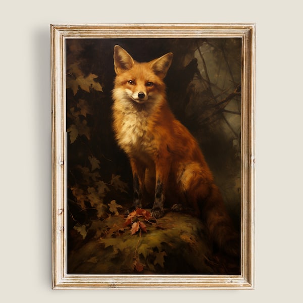 Fox Painting Vintage Art, PRINTABLE Art, Vintage Animal Art, Moody Dark Academia Decor, Dark Forest Wall Art, Red Fox Print