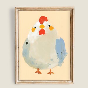 Puede incluir: Una pintura de una gallina blanca con una cresta roja y plumas azules. La gallina está pintada en un estilo caprichoso con pinceladas suaves.
