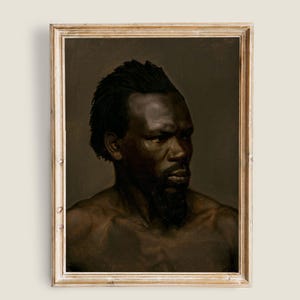 May include: A framed portrait of a Black man with a dark complexion, short black hair, and a full beard. The artwork is a painting with a vintage aesthetic, featuring a neutral background and a distressed, light-colored wooden frame.