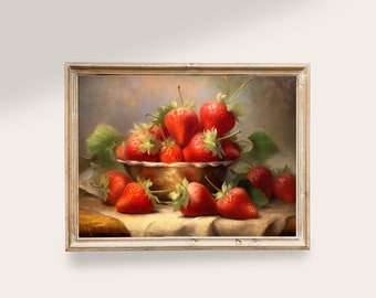 Strawberries Still Life, Strawberry wall art, Kitchen PRINTABLE art, Vintage Tropical Decor, Fruits Antique Paintings, Cottagecore Prints