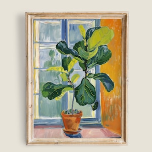 Puede incluir: Una pintura de una planta de ficus lyrata en una maceta de terracota, sentada en un alféizar de ventana. La planta está delante de una ventana con cristales azules y una pared amarilla detrás.