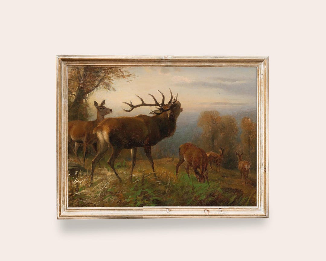 Vintage Deer Painting Printable Wall Art – Antique Forest Landscape ...