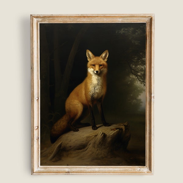 Fox Painting Vintage Art, PRINTABLE Art, Vintage Animal Art, Moody Dark Academia Decor, Dark Forest Wall Art