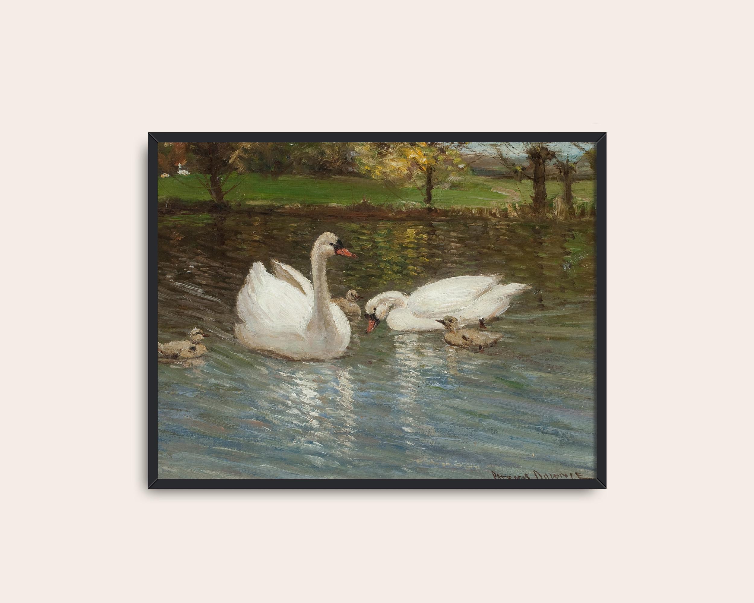 Swan Family Painting, Vintage Swan and Cygnets Decor, Pond Bird