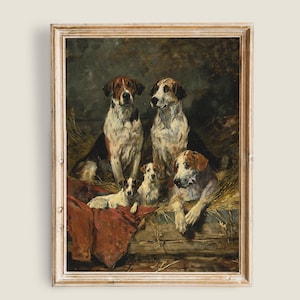 Puede incluir: Pintura vintage enmarcada que representa a cinco perros de diferentes razas. Los perros, en blanco, marrón y negro, están dispuestos en grupo. La obra tiene un estilo clásico y antiguo.