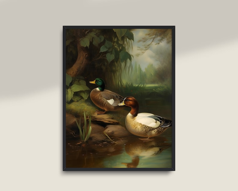 Antique Duck Painting, Moody Wall Art, Dark Academia PRINTABLE art, Vintage Animal Decor, Bird prints image 2