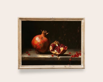 Vintage Kitchen Still Life Painting, Pomegranate Art, Moody Farmhouse Decor, Printable Wall Art, Dark Elegant Decor, Vintage Fruits