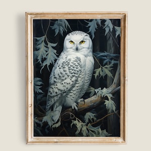 Vintage Owl Painting, Dark and Moody Wall Art, Dark Nature Decor, PRINTABLE art, Winter Animal painting, Snowy White Owl Bird Prints