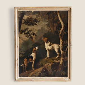 May include: A vintage oil painting depicting two hunting dogs in a woodland setting. The dogs are brown and white with black markings and are standing on a rocky outcropping. The background is a lush forest with trees and foliage.