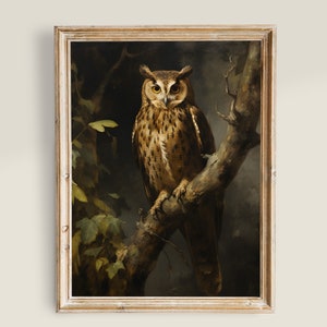 Vintage Eulenmalerei, dunkle und stimmungsvolle Wandkunst, Dark Academia Dekor, DRUCKBARE Kunst, Naturtiermalerei, Eulenvogeldrucke