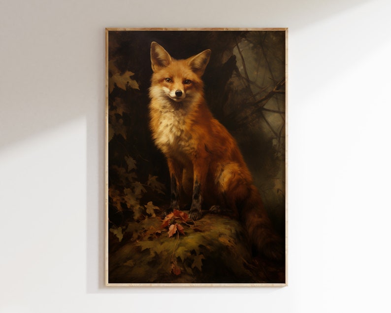 Fox Painting Vintage Art, PRINTABLE Art, Vintage Animal Art, Moody Dark Academia Decor, Dark Forest Wall Art, Red Fox Print image 4