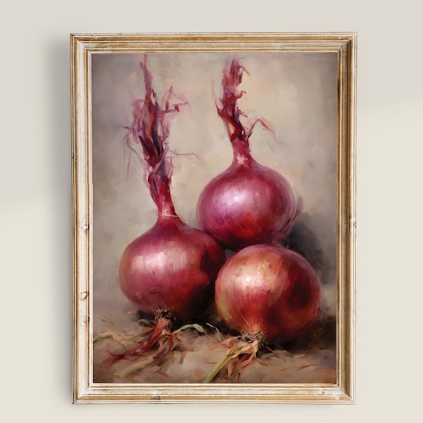 Red Onion Kitchen Still Life Print, Vintage Printable Art, Cooking Kitchen Retro Decor, Vegetable Prints, Botanical Art, Onion Painting