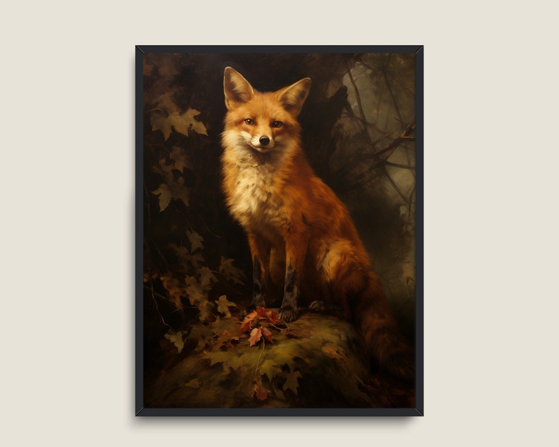 Fox Painting Vintage Art, PRINTABLE Art, Vintage Animal Art, Moody Dark Academia Decor, Dark Forest Wall Art, Red Fox Print image 2