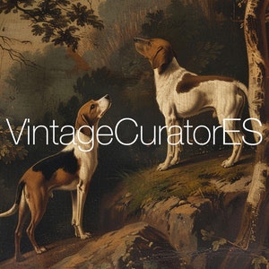 May include: A painting depicting two dogs in a woodland scene. Both dogs are brown and white and are gazing upwards, suggesting they are following a scent. The painting is executed in a realistic style and conveys a sense of warmth and tranquility.