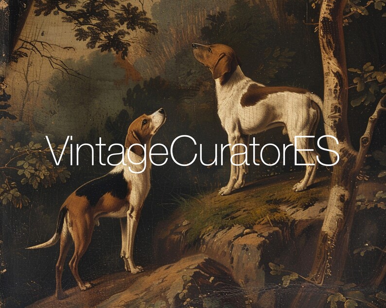 May include: A painting depicting two dogs in a woodland scene. Both dogs are brown and white and are gazing upwards, suggesting they are following a scent. The painting is executed in a realistic style and conveys a sense of warmth and tranquility.