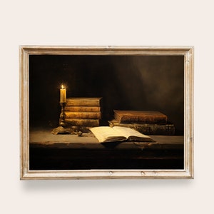 dark and moody dark academia still life vintage painting of old books and a lit candle