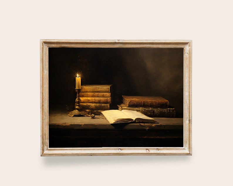 dark and moody dark academia still life vintage painting of old books and a lit candle