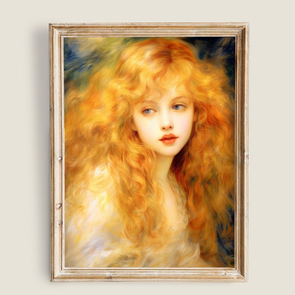 Femme aux cheveux blonds dorés, Art mural imprimable, Art du portrait de femme, Décor Light Academia, Peinture de femme victorienne, impression de portrait classique