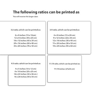 May include: A chart showing different aspect ratios and their corresponding printable sizes in inches and centimetres. The chart includes ratios such as 3:2, 3:4, 4:5, and 11:14.