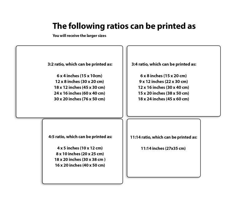 May include: A chart showing different aspect ratios and their corresponding printable sizes in inches and centimetres. The chart includes ratios such as 3:2, 3:4, 4:5, and 11:14.