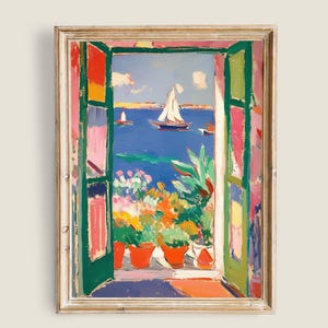Puede incluir: Una pintura de una ventana colorida con una vista abierta de un mar azul con veleros. La ventana está enmarcada en madera y tiene una puerta verde con acentos rosados y amarillos. Hay plantas en macetas frente a la ventana.