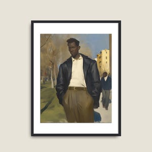 May include: A painting of a Black man wearing a dark blue jacket and a white shirt, standing in front of a building. The man is looking at the viewer. The painting is done in a realistic style.