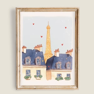 Puede incluir: Una pintura de acuarela de un paisaje urbano parisino con la Torre Eiffel en el fondo. La pintura presenta dos edificios con techos azules y paredes amarillas, y varios corazones rojos dispersos por el cielo.