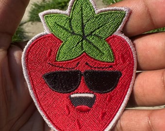 Strawberry with Sunglasses Embroidered Patch – Iron-On or Sew-On