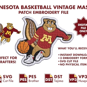 Puede incluir: Archivo de bordado digital con la mascota vintage de baloncesto de Minnesota, un gopher de dibujos animados con una camiseta granate sosteniendo una pelota de baloncesto. Incluye el texto "DIGITAL FILE ONLY".