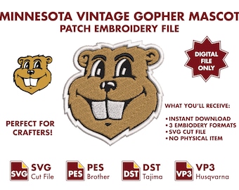 Minnesota Vintage Gopher Mascot Embroidery File (Digital File Only) 3.5in x 3.2in