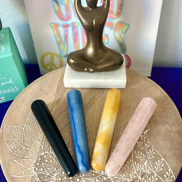 Yoni Massage Wand - GIA-gecertificeerd Rozekwarts, Zwarte Obsidiaan, Gele Jade en Blauwe Aventurijn - ExSoullent Crystal pleasure Stick