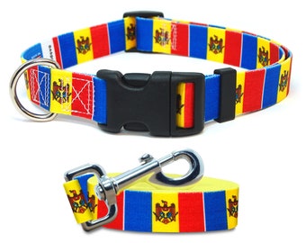 May include: A blue, yellow, and red dog collar and leash with the coat of arms of Moldova printed on it.