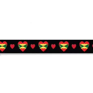 May include: Black and red heart-shaped lanyard with a repeating pattern of the flag of Grenada. The lanyard has a black plastic clip.