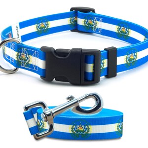 Dog Collar and Leash Set | Elsalvador Flag | Xtra Large, Large, Medium, Small & Extra Small | Made in NJ, USA |