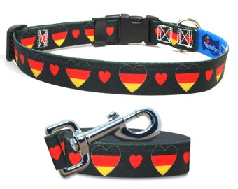 Ensemble collier et laisse pour chien | J'aime l'Allemagne | Drapeau et coeurs | Style boucle ou Martingale | Fabriqué aux États-Unis