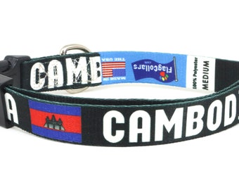 Cambodia Dog Collar | Cambodia Flag and Name | Quick-release Buckle or Martingale | Made in NJ, USA | 100% Polyester | Premium Parts