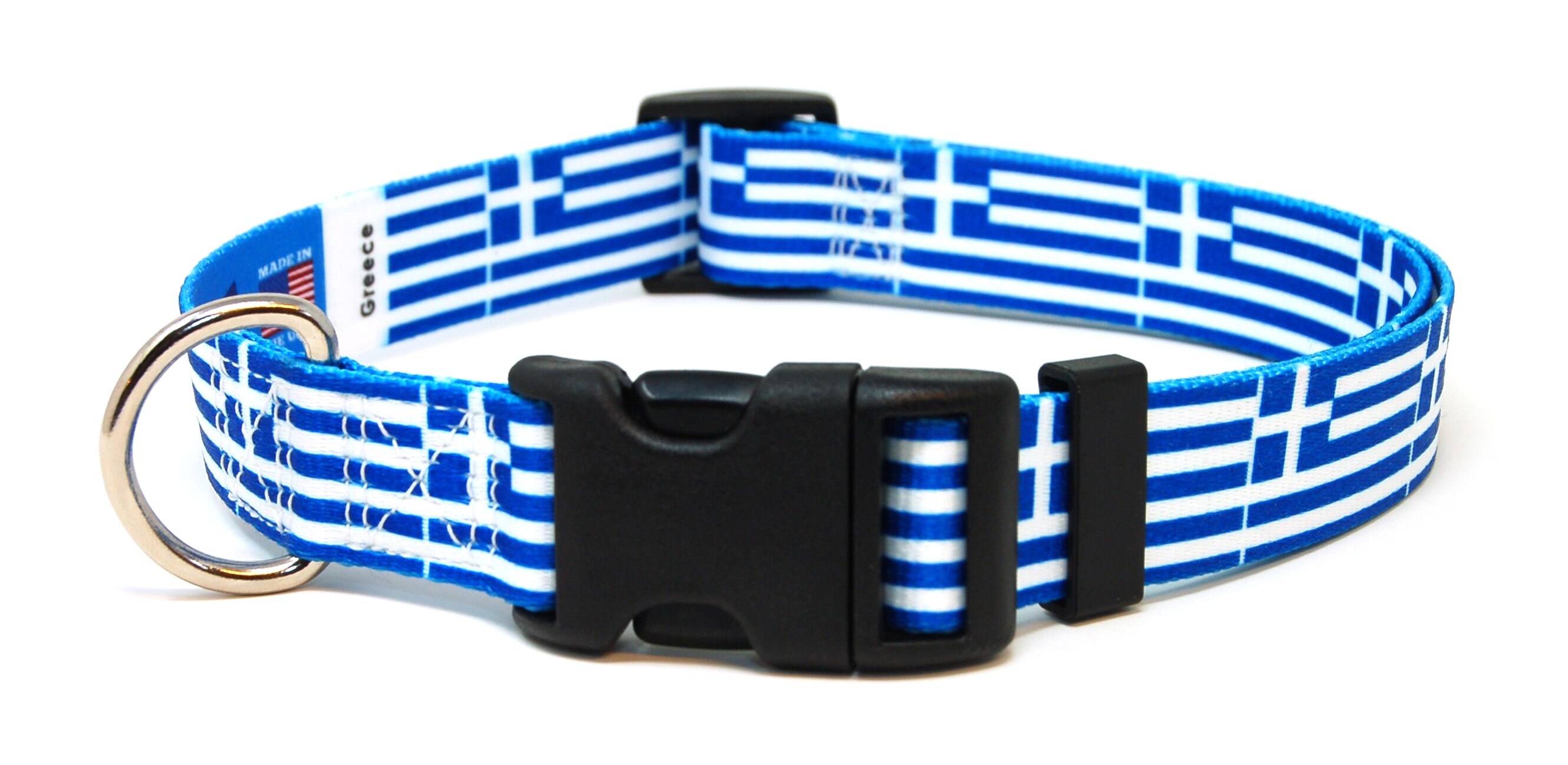 Greece Dog Collar | Greek Flag | Quick Release or Martingale Style | Made in NJ, USA