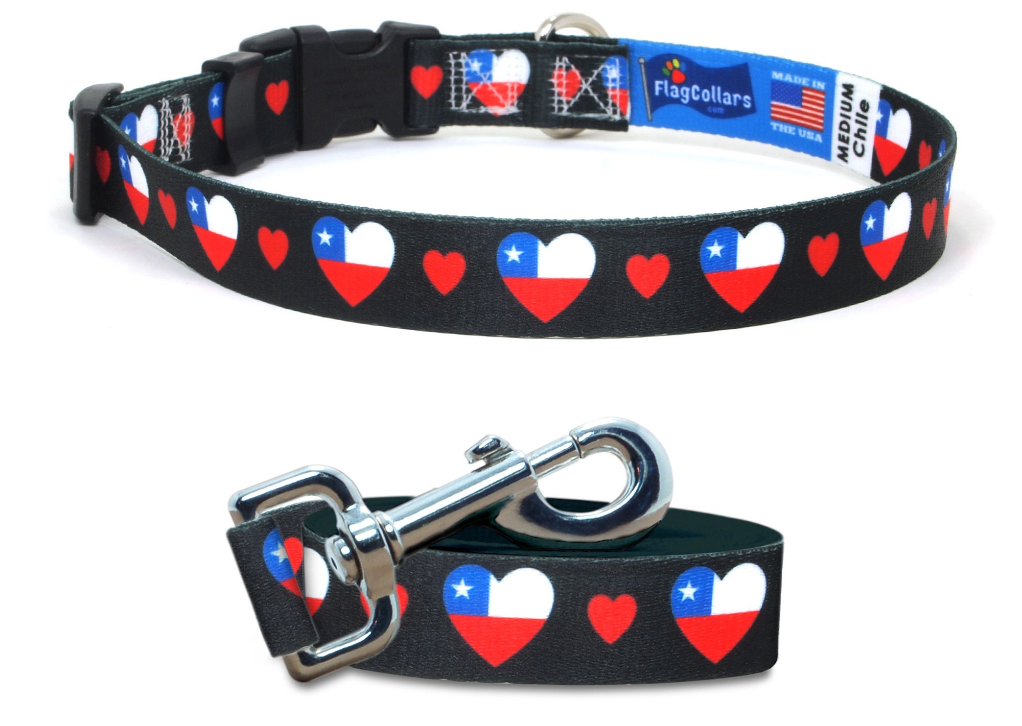 Dog Collar & Leash Set | I Love Chile Flag Hearts Buckle Style Or Martingale USA Made