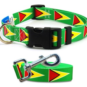 Dog Collar and Leash Set | Guyana Flag | Xtra Large, Large, Medium, Small & Extra Small | Made in NJ, USA |