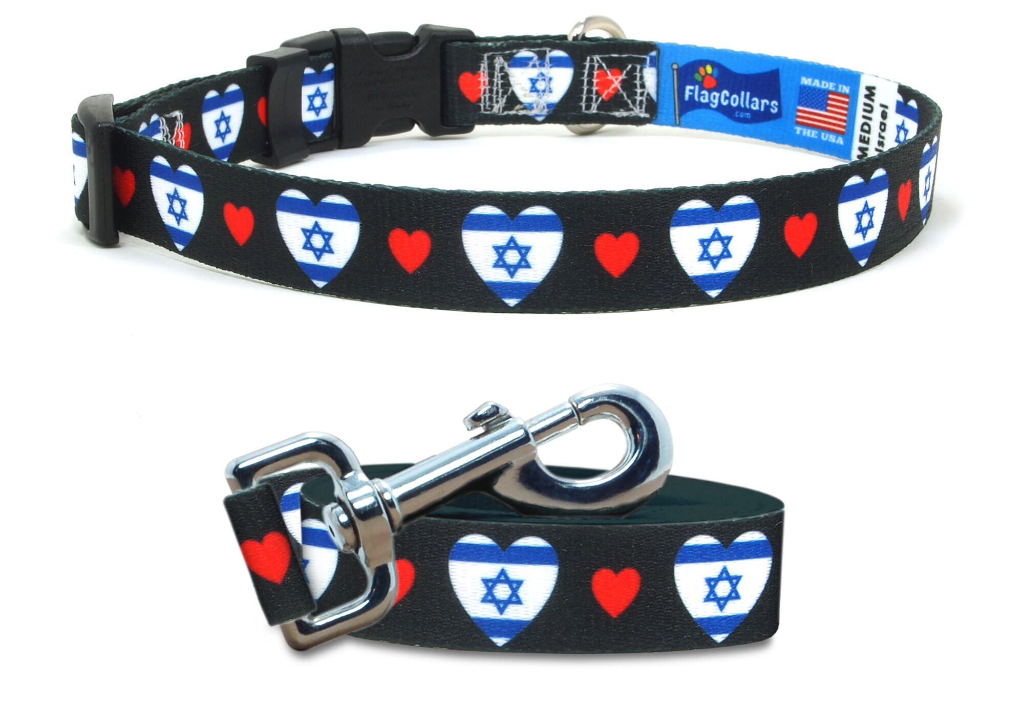 Ensemble collier et laisse pour chien | J'aime Israël | Drapeau et coeurs | Style boucle ou Martingale | Fabriqué aux États-Unis