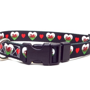 May include: A black dog collar with a red, white, and green Welsh dragon heart pattern.